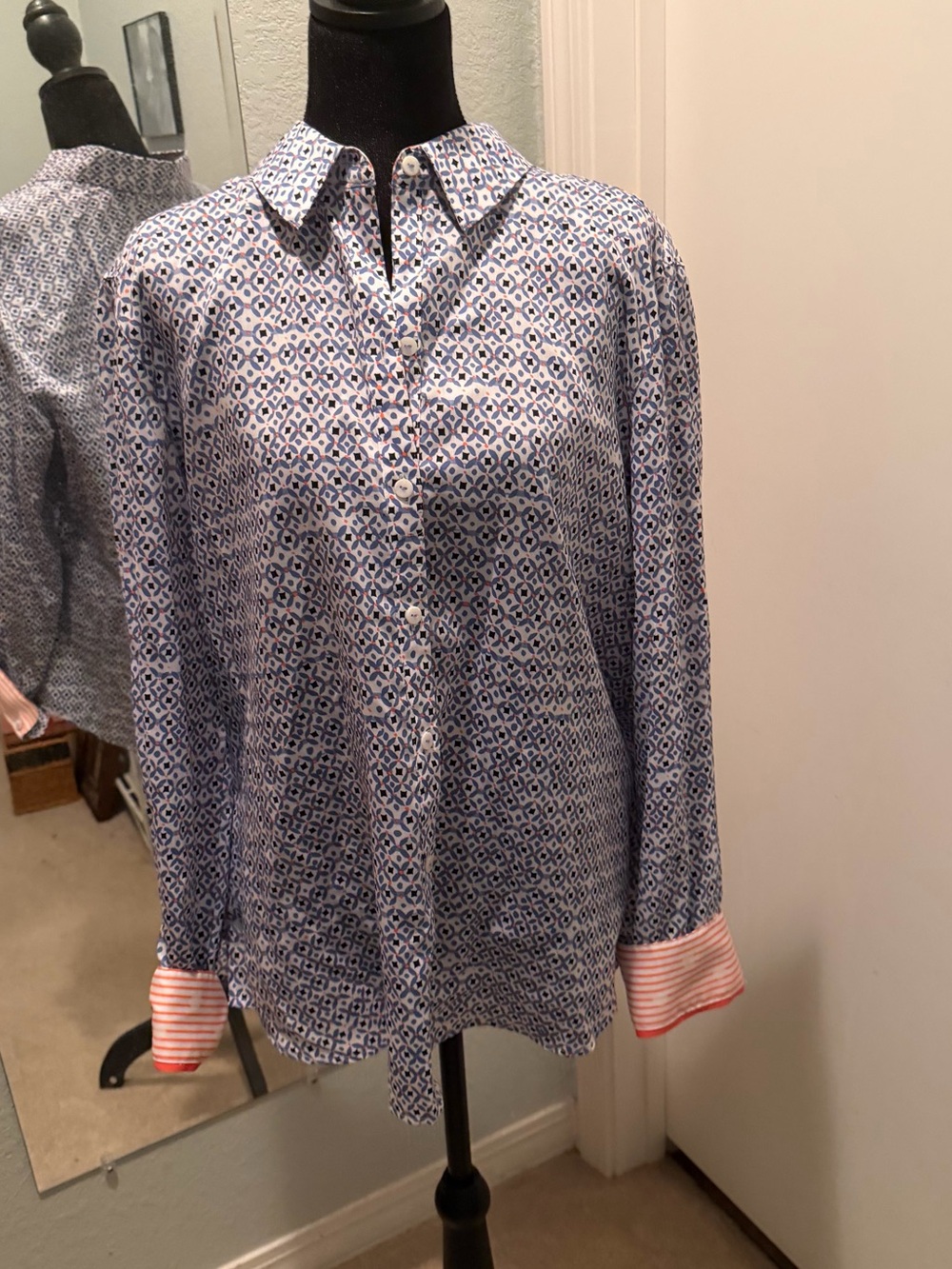 Foxcroft Blue and White Geometric Button-Down Shirt with Pink Cuffs - Picture 6 of 6